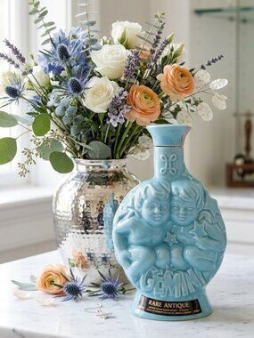 VTG 1970 Rare Antique Zodiac Series Blue Ceramic Decanter - Gemini & Sagittarius